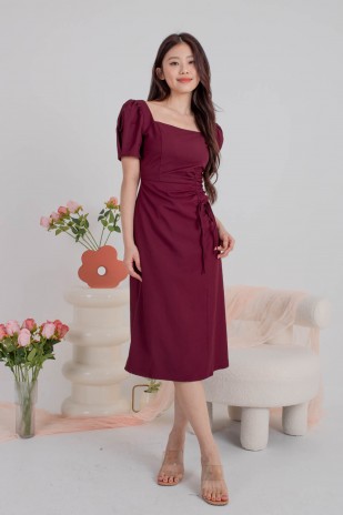 Valane Side Ruched Midi Dress in Wine