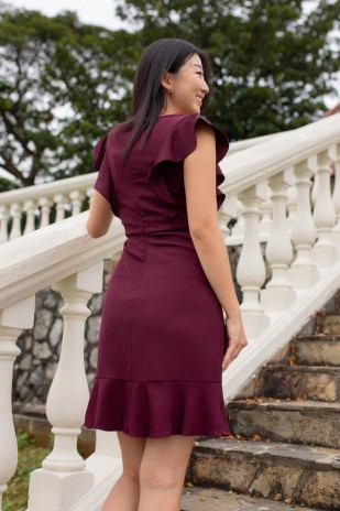 RESTOCK: Vionne Ruffle Asymmetrical Dress in Wine