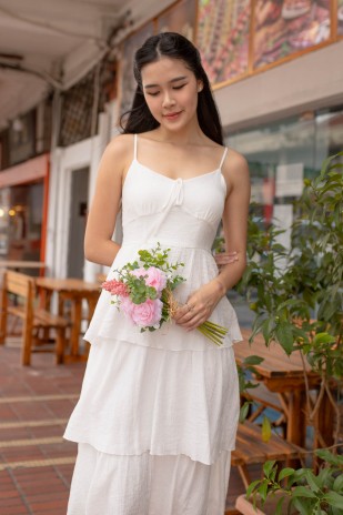 Odle Bustier Tiered Midi Dress in White