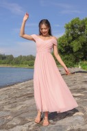 BACKORDERS2: Lorelai Pleated Cold Shoulder Maxi in Pink