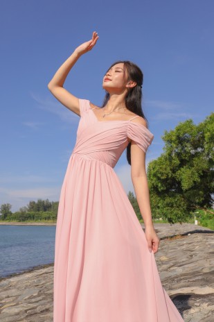 BACKORDERS2: Lorelai Pleated Cold Shoulder Maxi in Pink