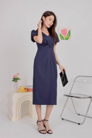 Walter Knot Puff Dress in Navy