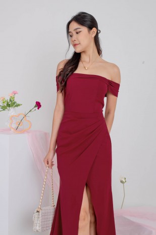 Viore Off-Shoulder Overlap Dress in Wine