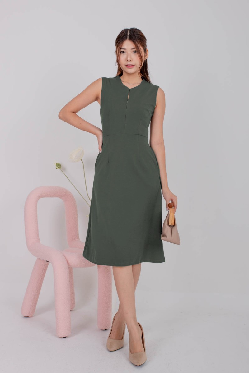 Leland Zip Front Midi Dress in Olive