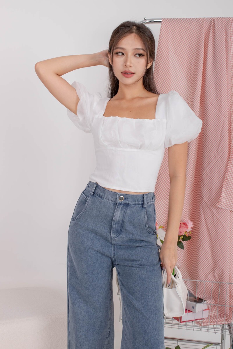 Emaya Ruched Puff Top in White