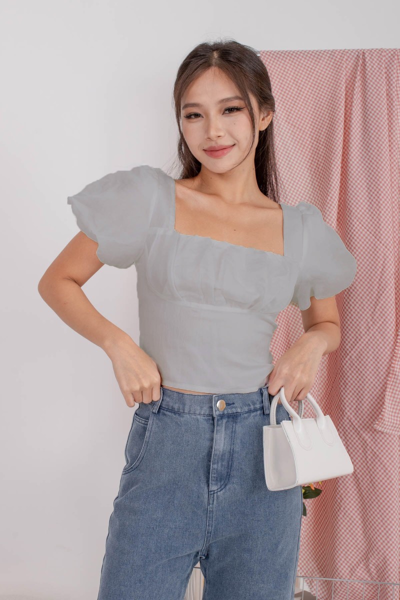 Emaya Ruched Puff Top in Grey-Blue