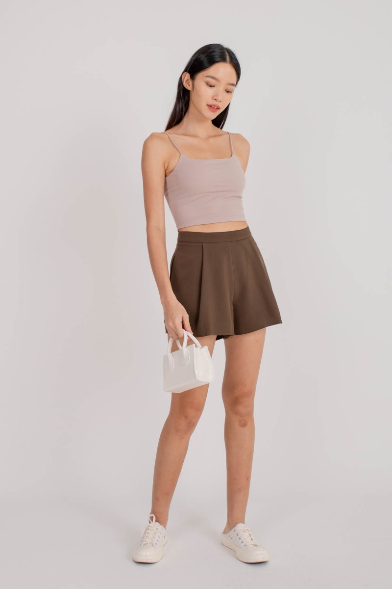 Transition Pleated Flare Shorts in Mocha