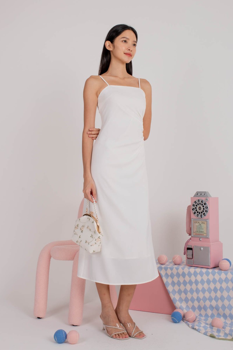 Lerone Ruched Midi Dress in White