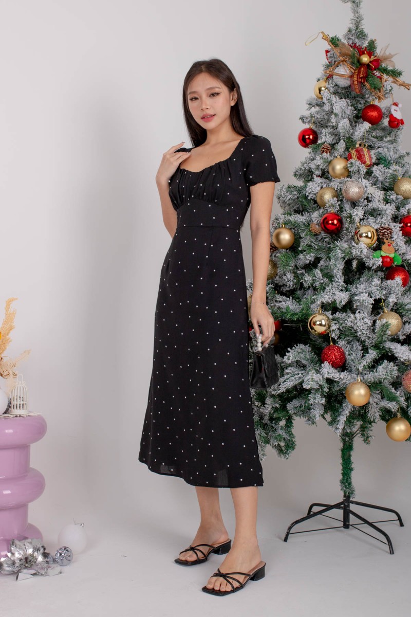 Faude Polka Dot Ruched Midi in Black