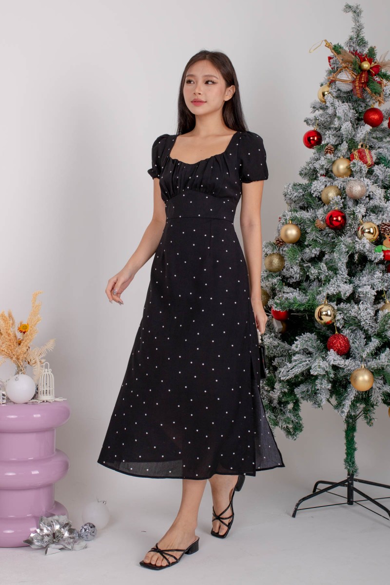 Faude Polka Dot Ruched Midi in Black