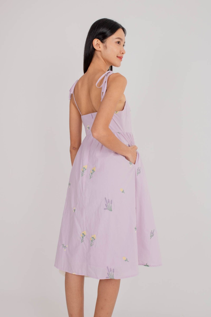 Finoa Embroidery Tie-Strap Dress in Lilac