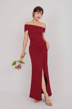 RESTOCK: Viore Off-Shoulder Overlap Dress in Wine