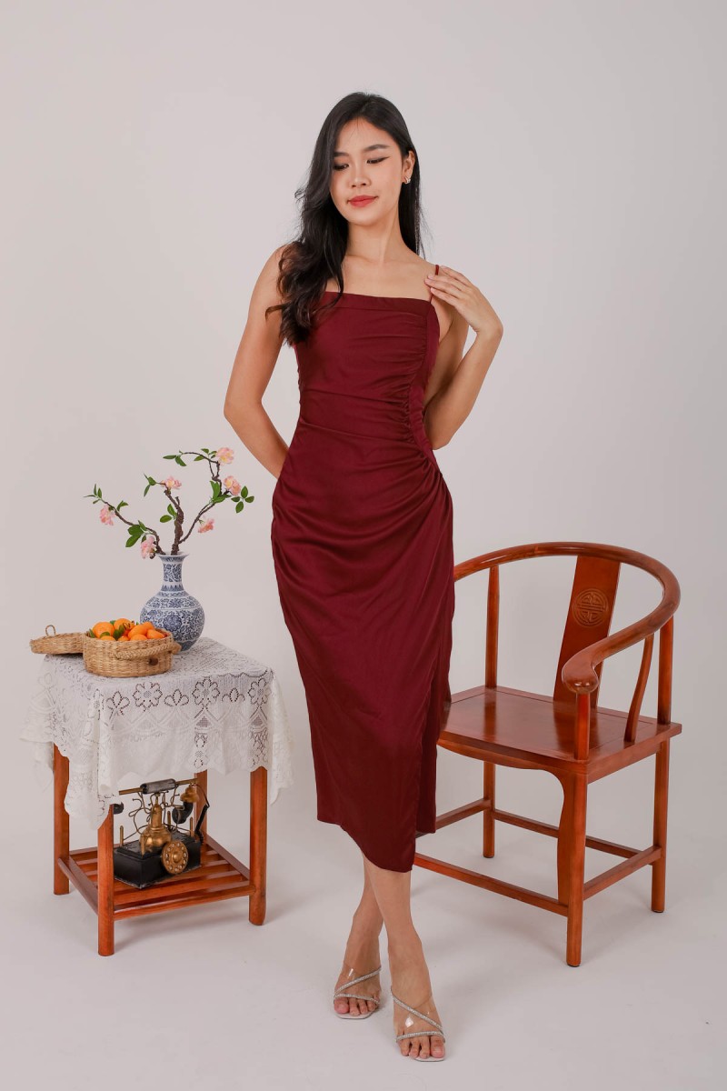 Mitchell Side Ruch Overlap Dress in Wine