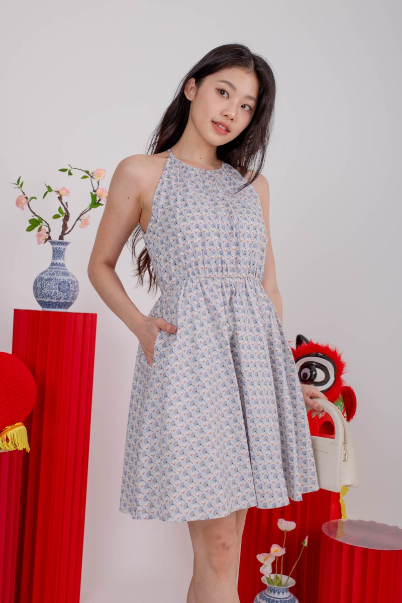 Petalle Printed Flare Dress in Blue