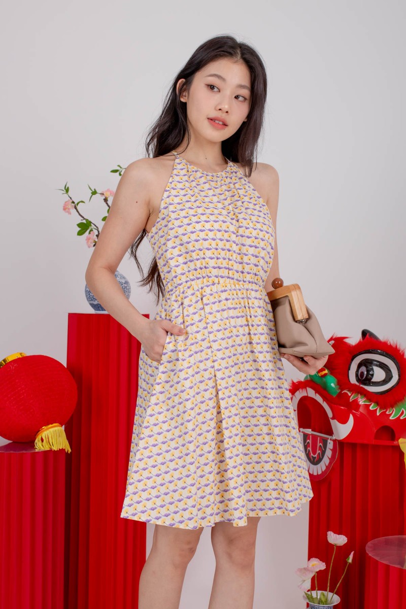 Petalle Printed Flare Dress in Yellow