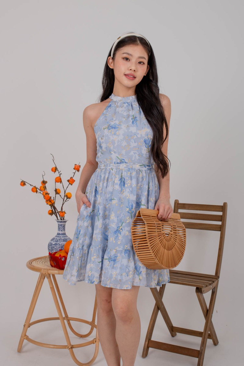 Baerl Printed Halter Flare Dress in Blue