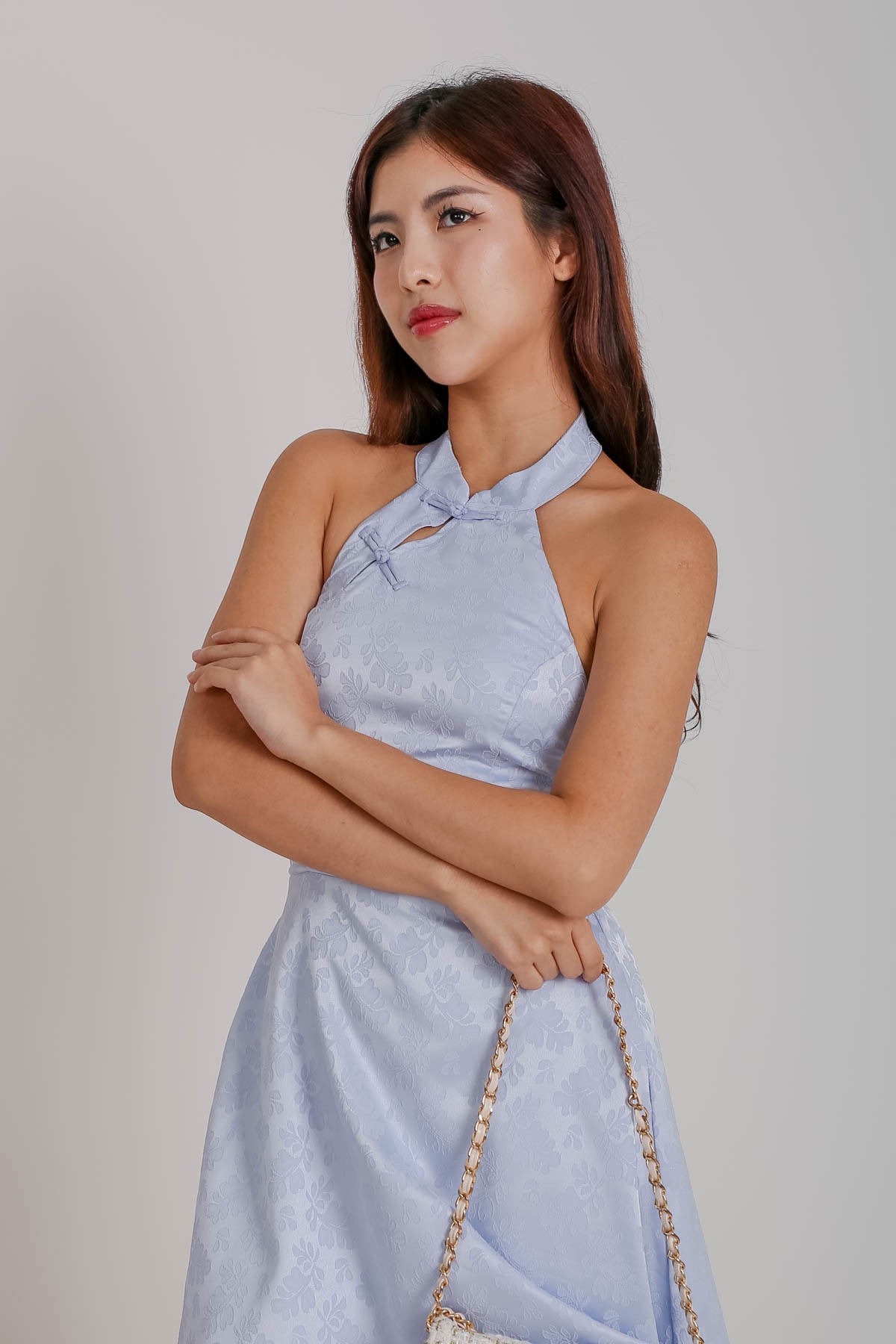 Honna Halter Smocked Flare Cheongsam In Blue 