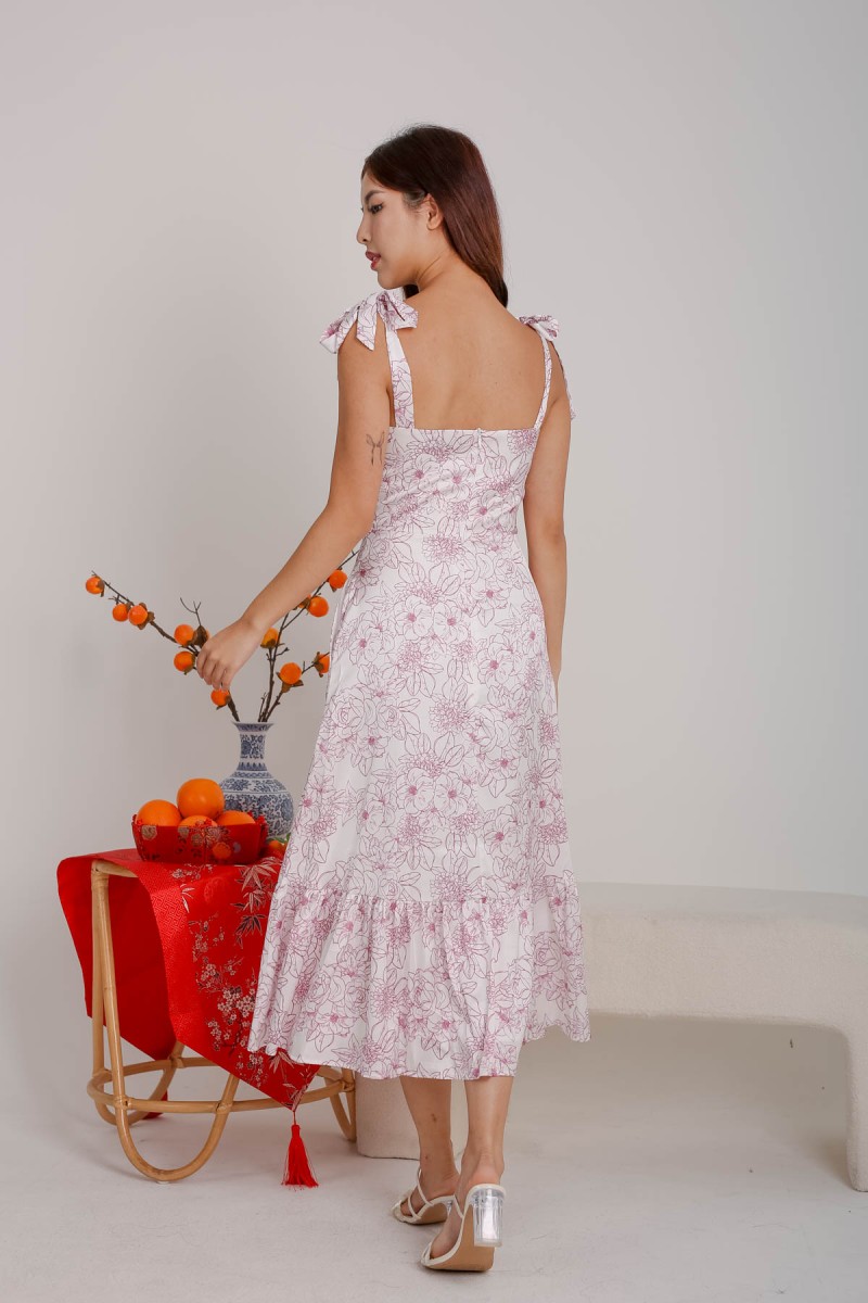 Friella Printed Drop Hem Tie-Strap Dress in Magenta