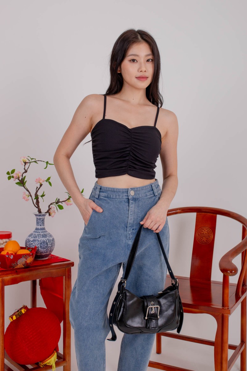 Zoyee Padded Ruched Top in Black