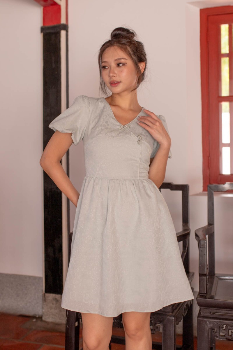 Jenica V-Neck Puff Cheongsam Dress in Teal