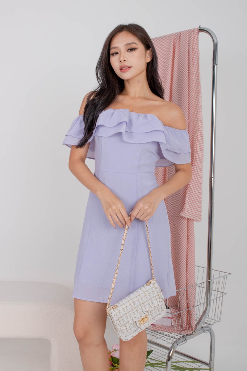 Daylen Off-Shoulder Ruffle Dress in Lilac