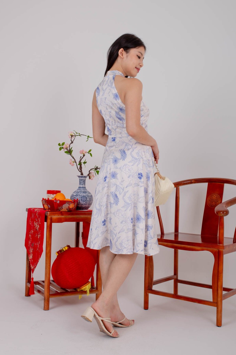 Cleolia Halter Printed Cheongsam Dress in Blue