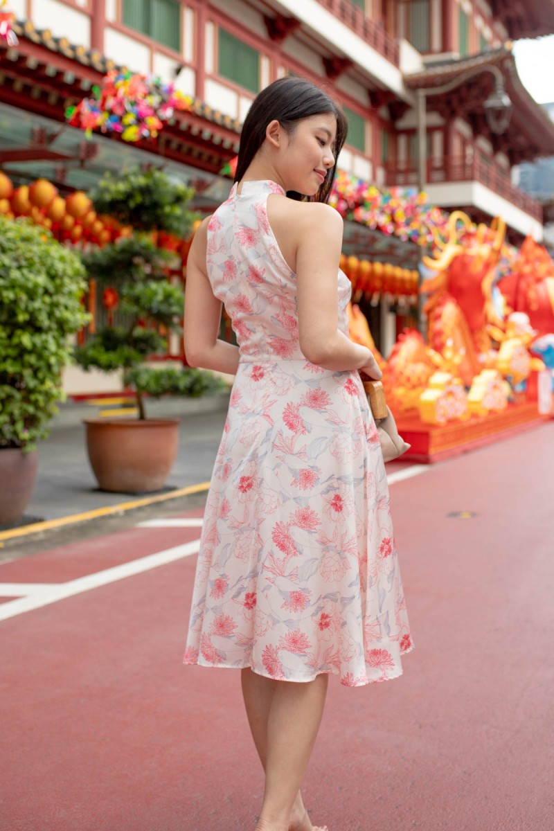 Cleolia Halter Printed Cheongsam Dress in Pink