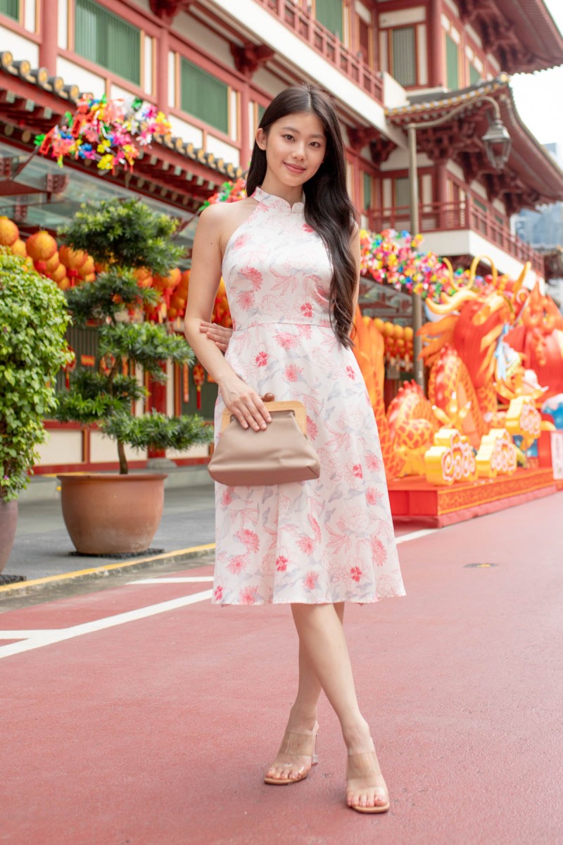 Cleolia Halter Printed Cheongsam Dress in Pink