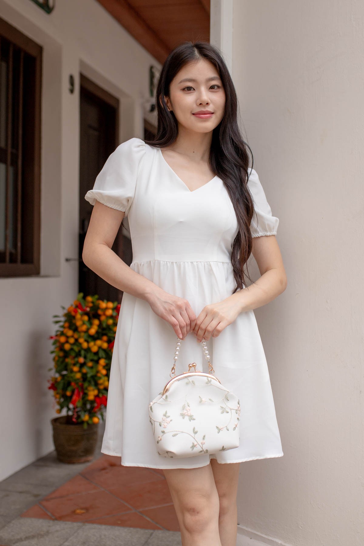 Cheya Padded Tie-Back Puff Dress in White