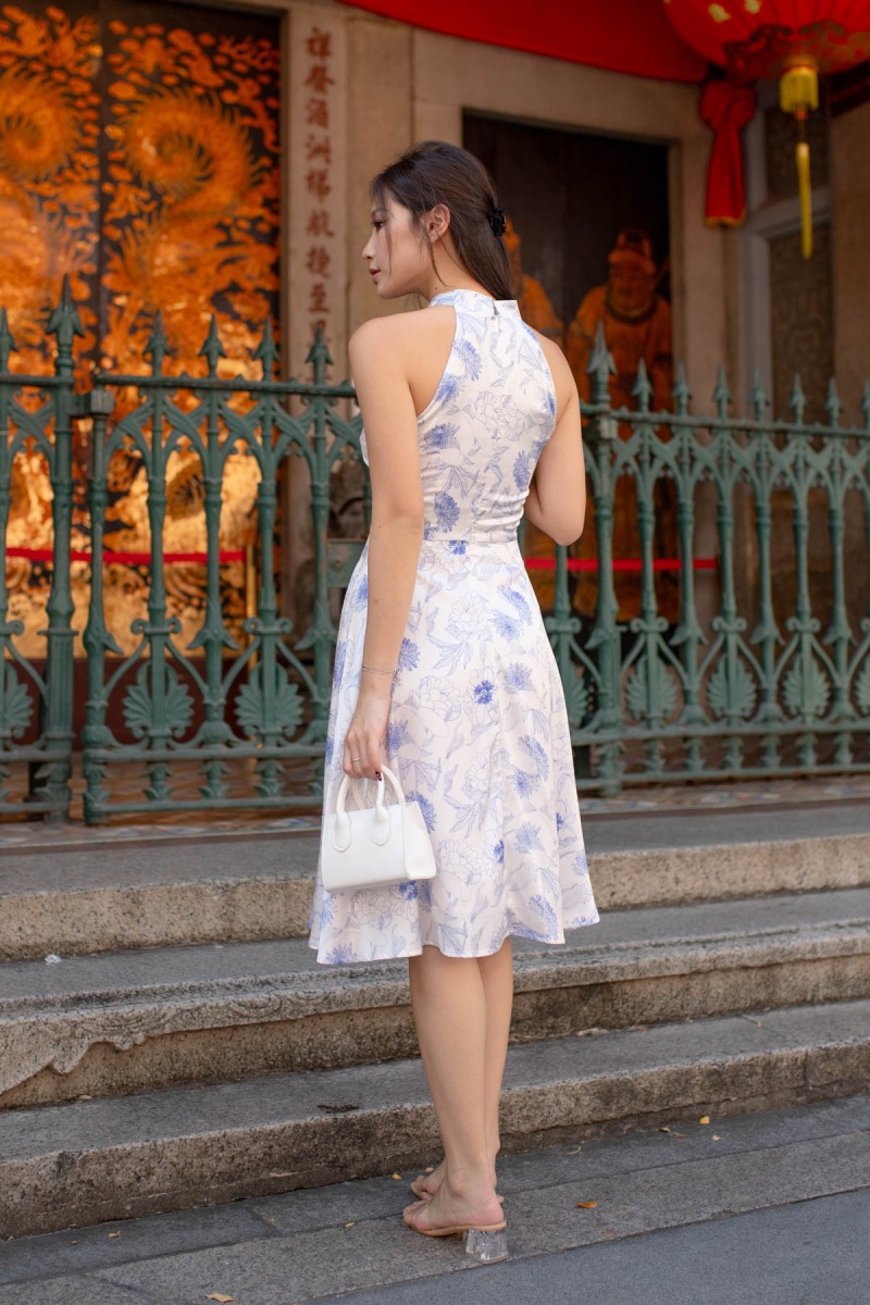 Cleolia Halter Printed Cheongsam Dress in Blue