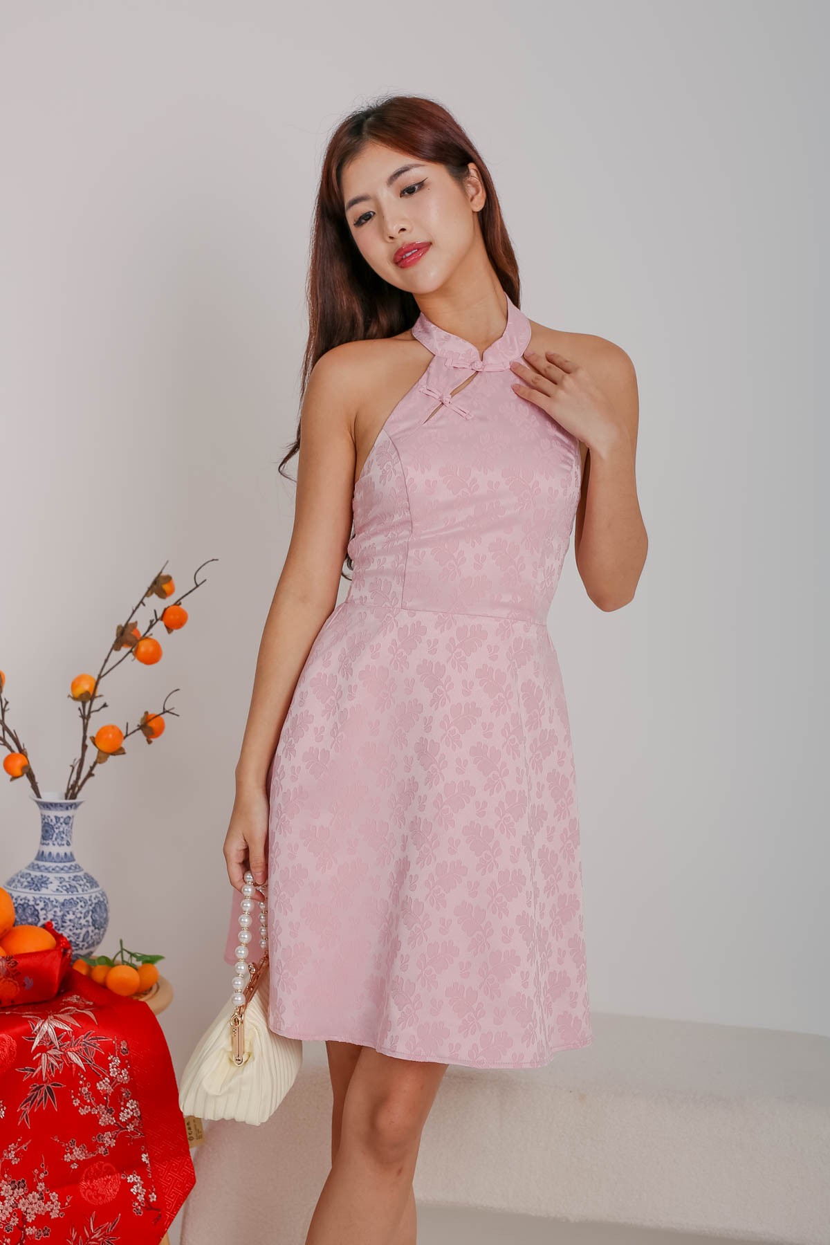 Restock Honna Halter Smocked Flare Cheongsam In Blush 