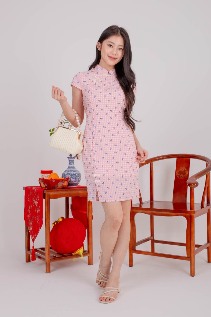 RESTOCK: Paye Gingham Floral Cheongsam Dress in Pink