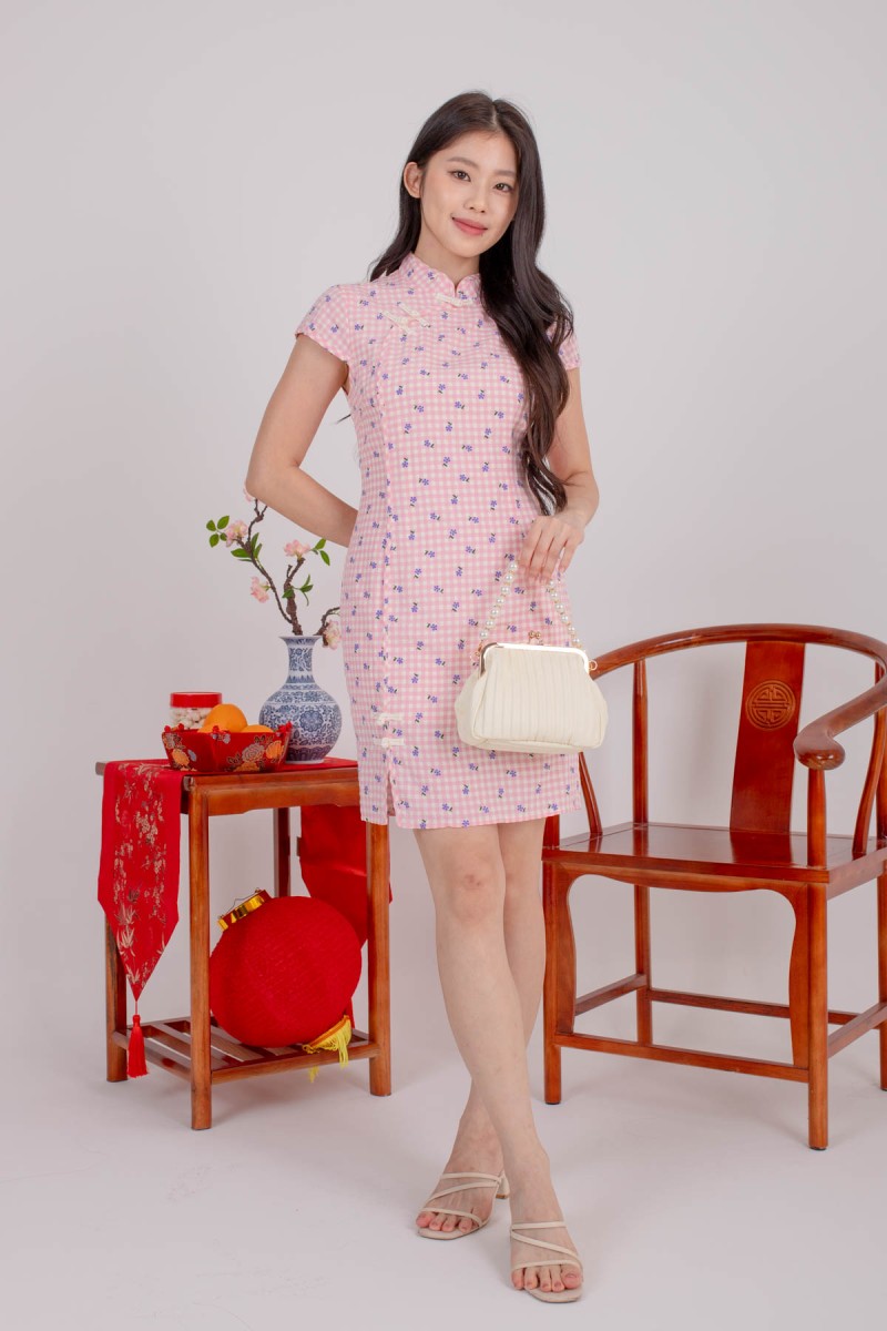 RESTOCK: Paye Gingham Floral Cheongsam Dress in Pink