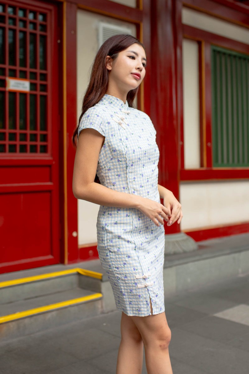 RESTOCK: Paye Gingham Floral Cheongsam Dress in Blue