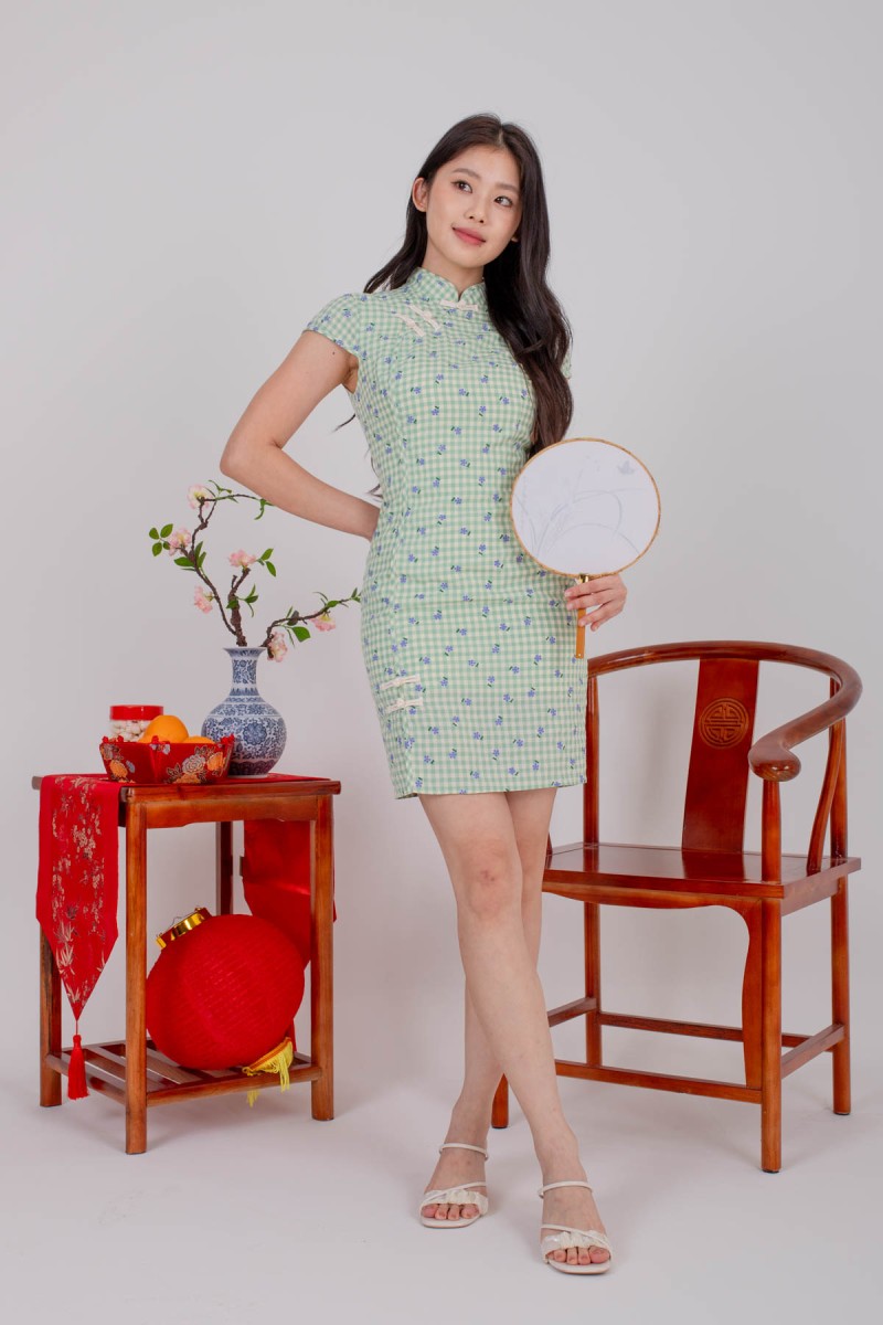 RESTOCK: Paye Gingham Floral Cheongsam Dress in Green