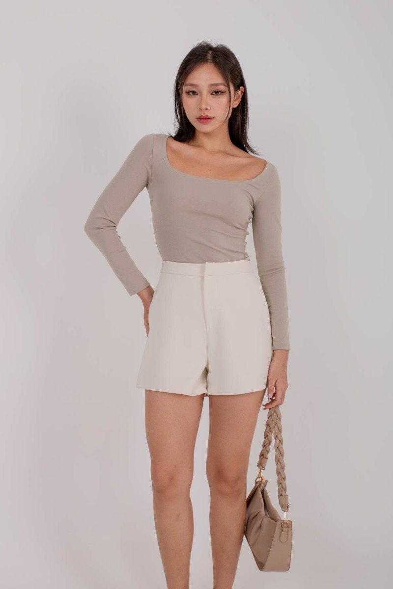 Direction Wide-Neck Long Sleeve Top in Taupe