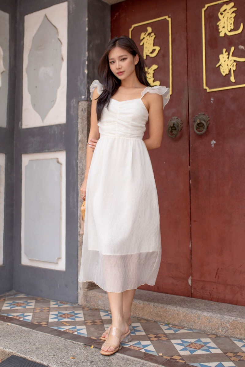 Shiara Ruffle Ruched Midi Dress in White