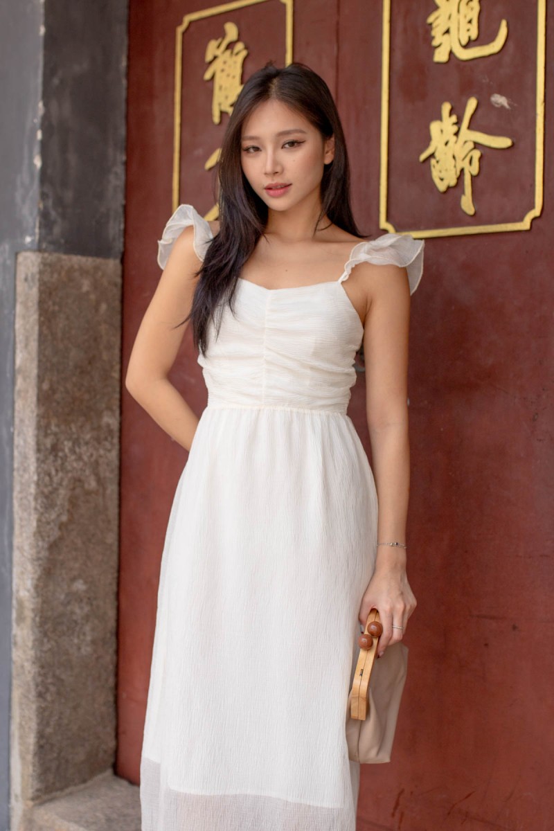 Shiara Ruffle Ruched Midi Dress in White