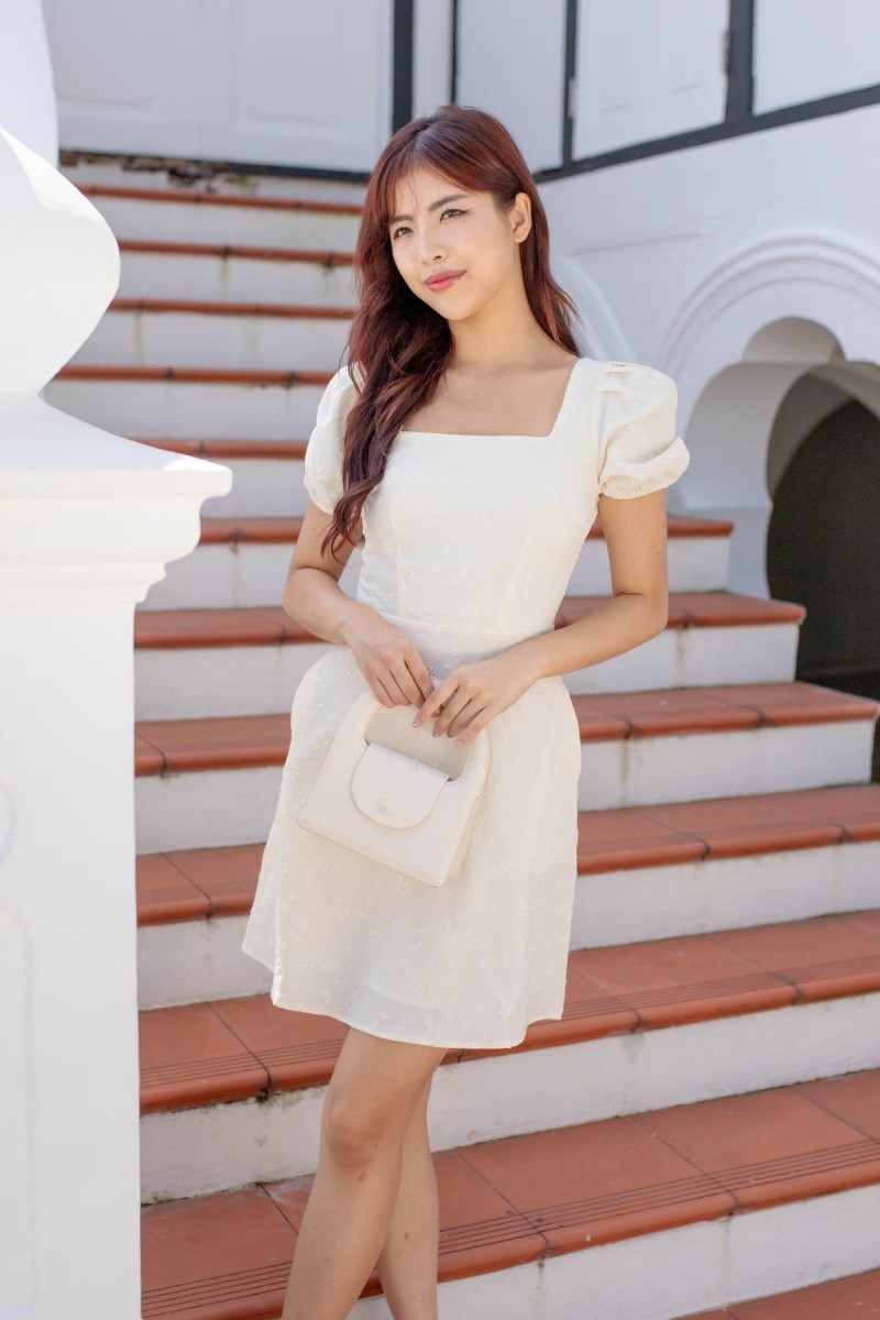 Kevonne Square-Neck Textured Dress in Cream