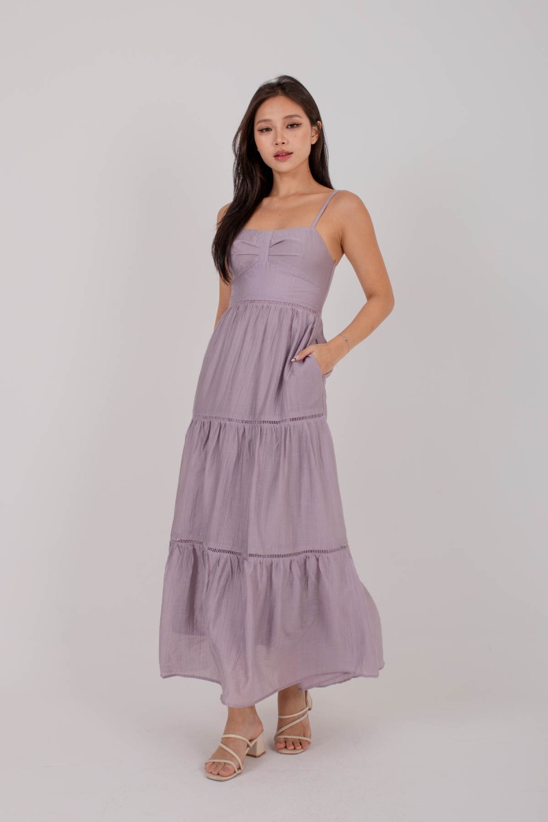 Ellia Ruched Maxi Tier Dress in Lilac