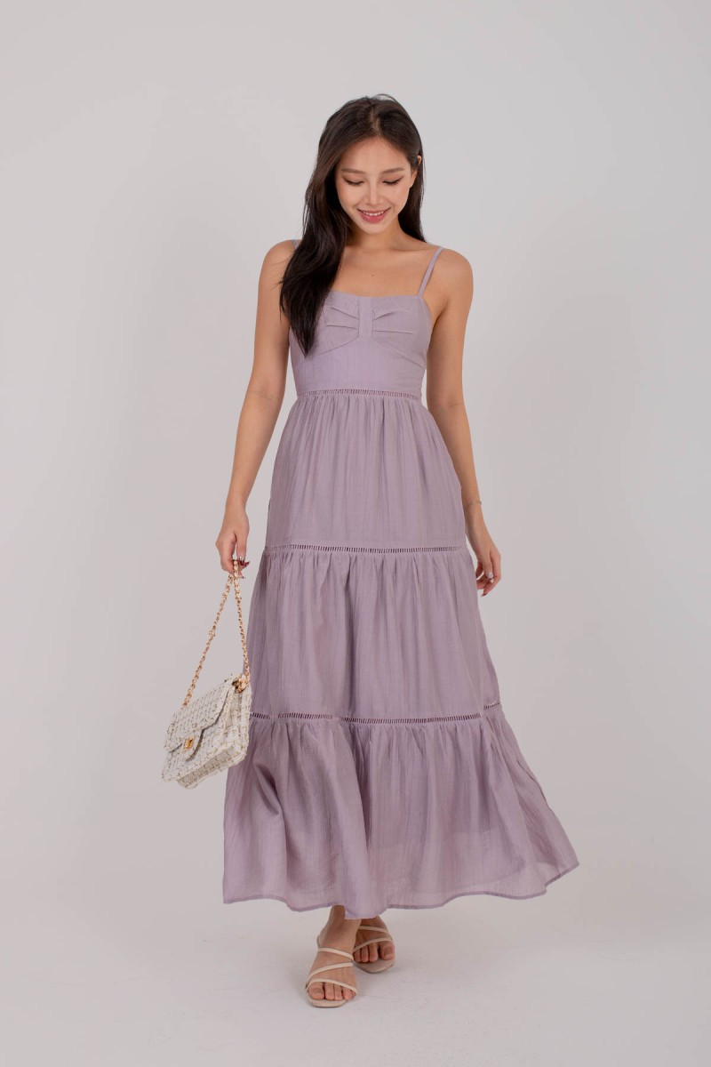 Ellia Ruched Maxi Tier Dress in Lilac