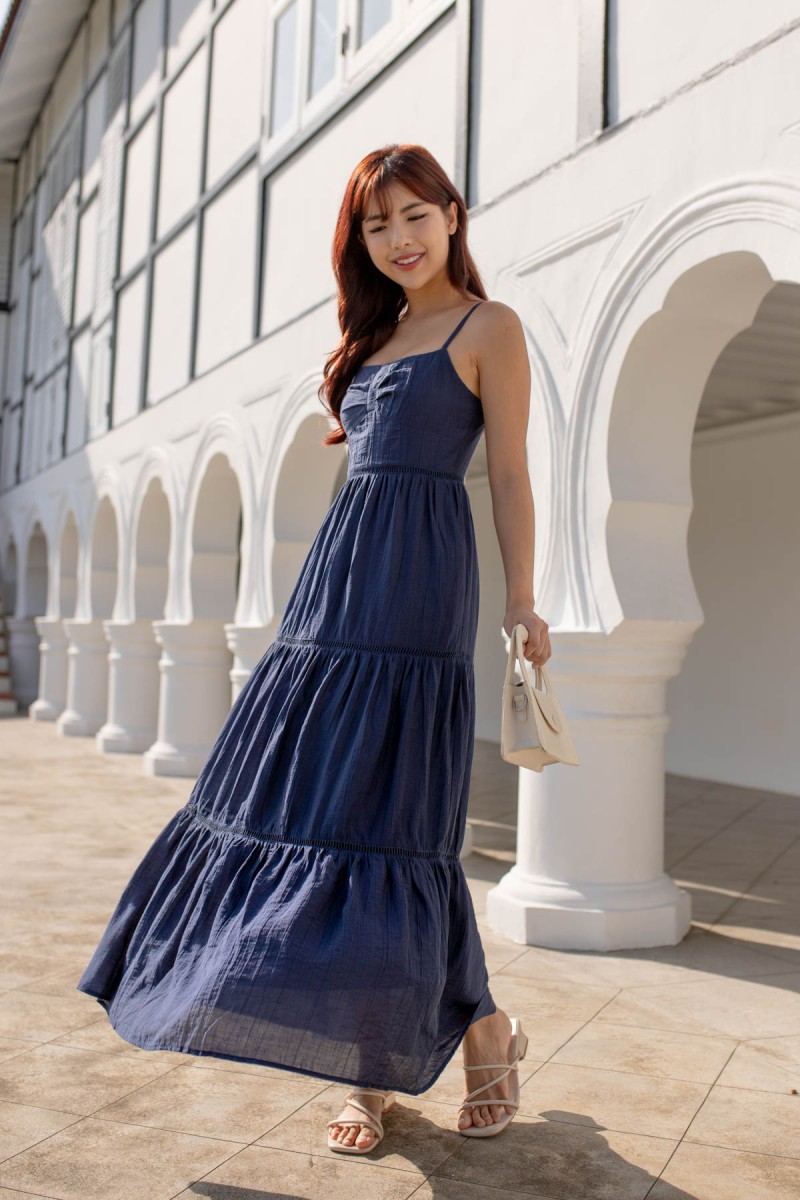 Ellia Ruched Maxi Tier Dress in Navy