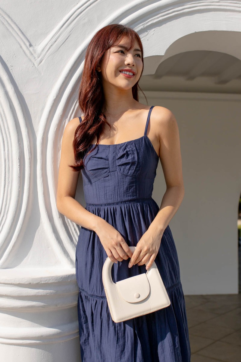 Ellia Ruched Maxi Tier Dress in Navy
