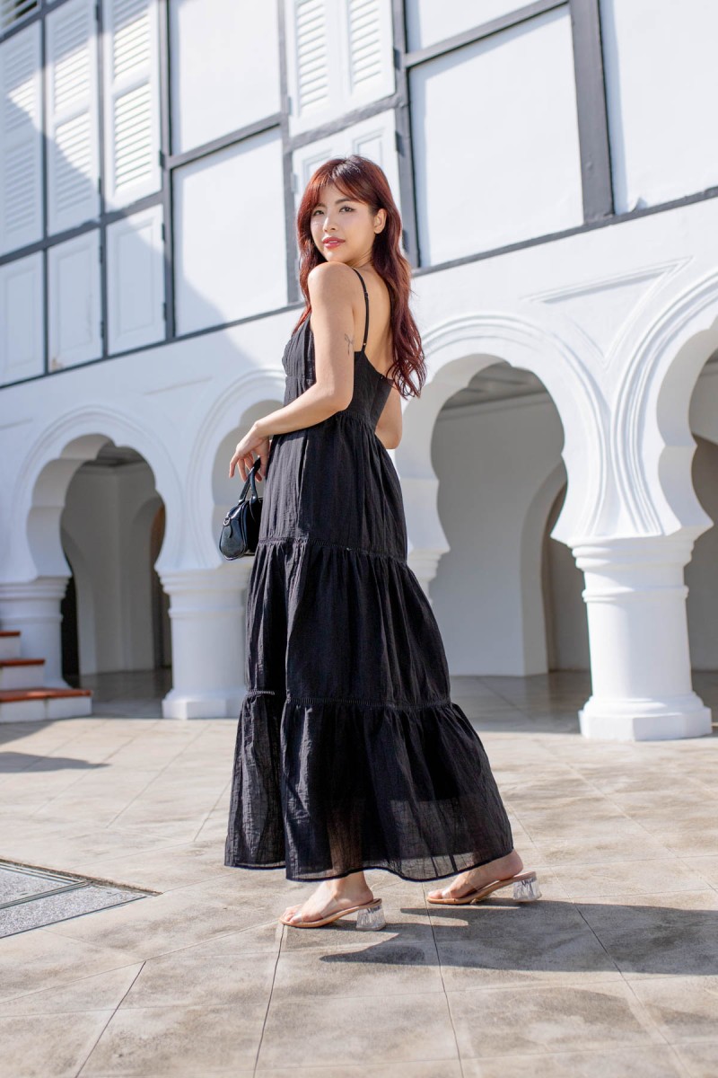 Ellia Ruched Maxi Tier Dress in Black