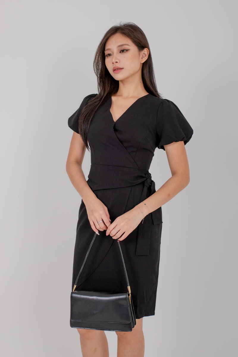 Mireille Wrap Work Dress in Black