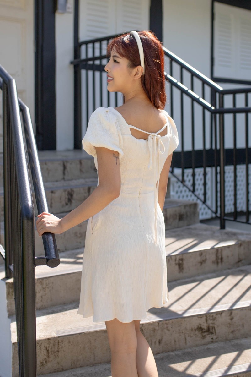 Rosalind Textured Puff Sleeve Tie-Back Dress in Cream