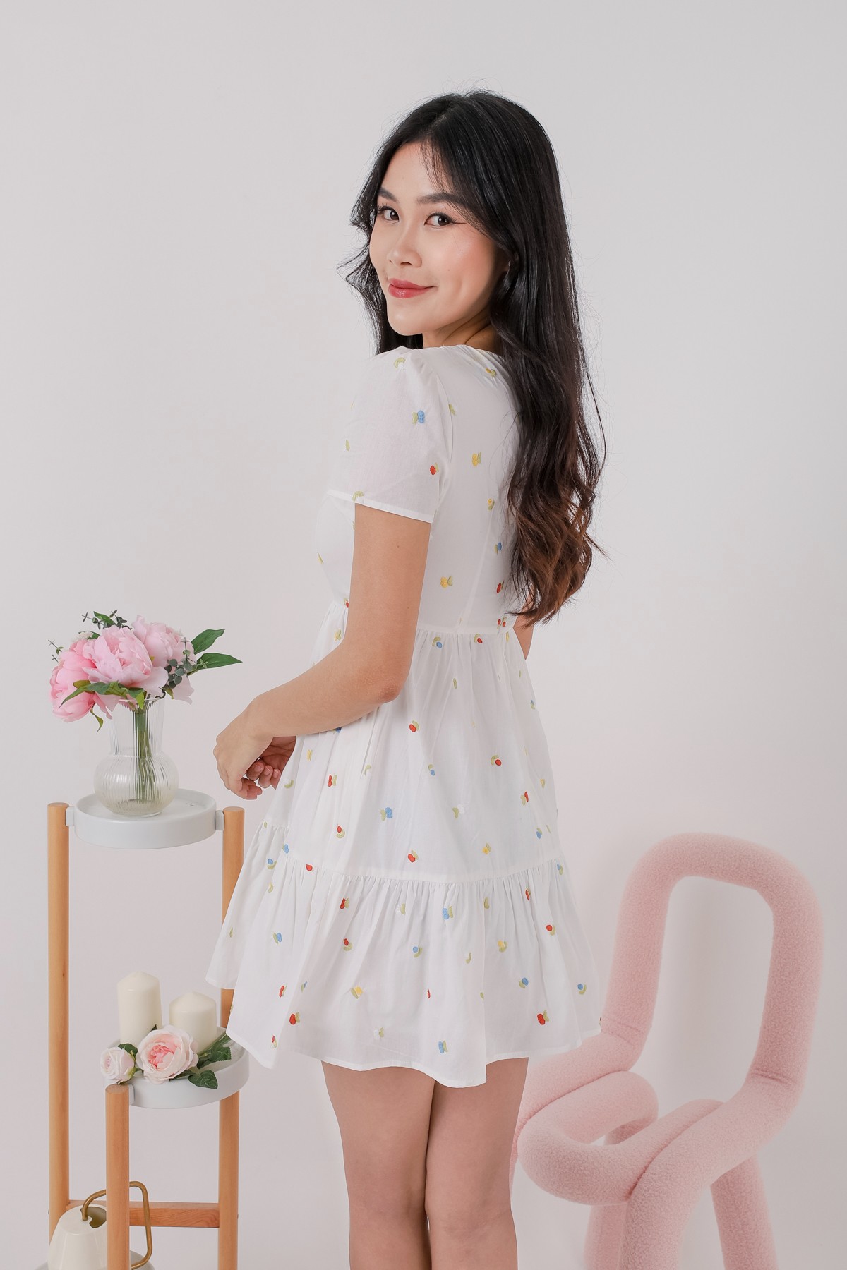 Amity Floral Embroidery Dress in White