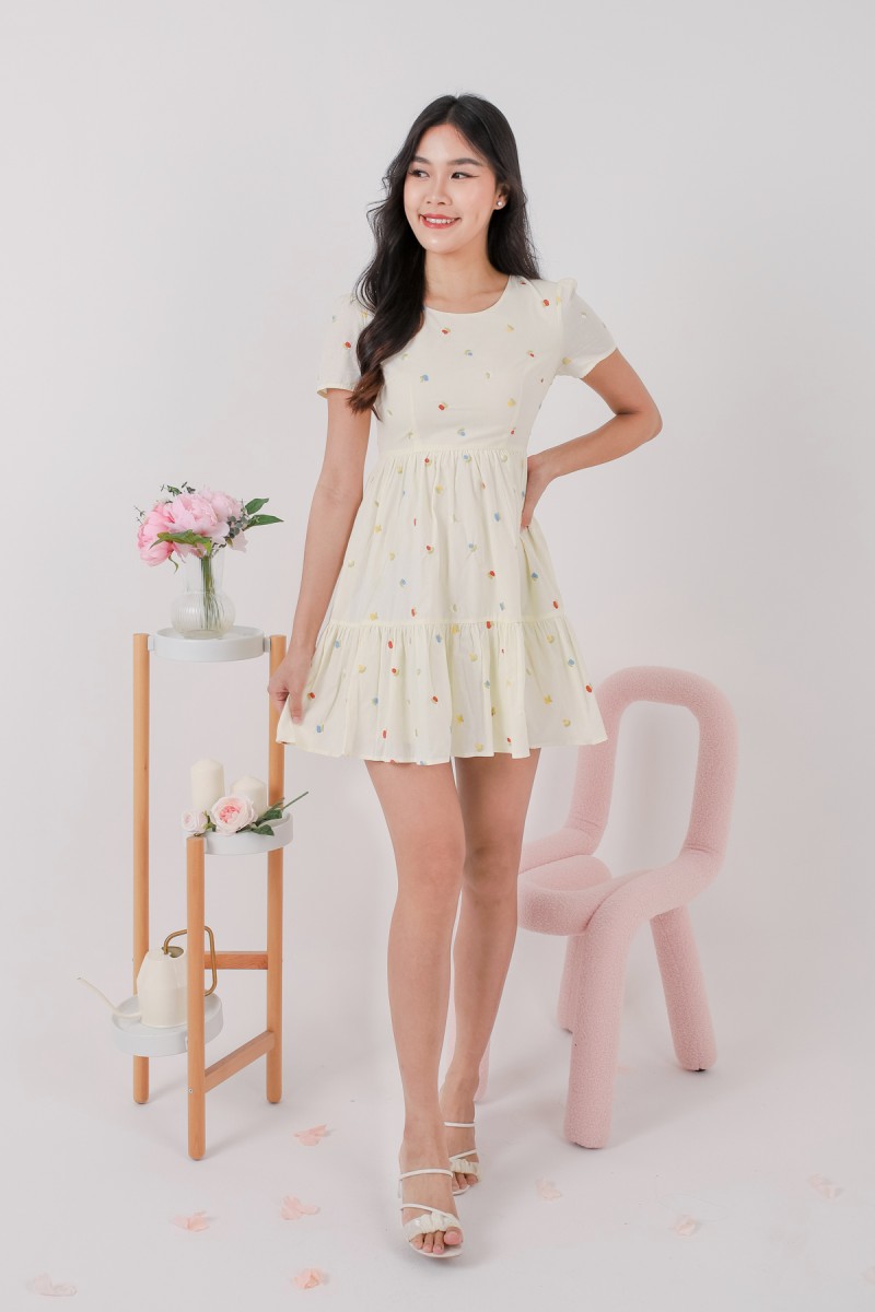 Amity Floral Embroidery Dress in Cream