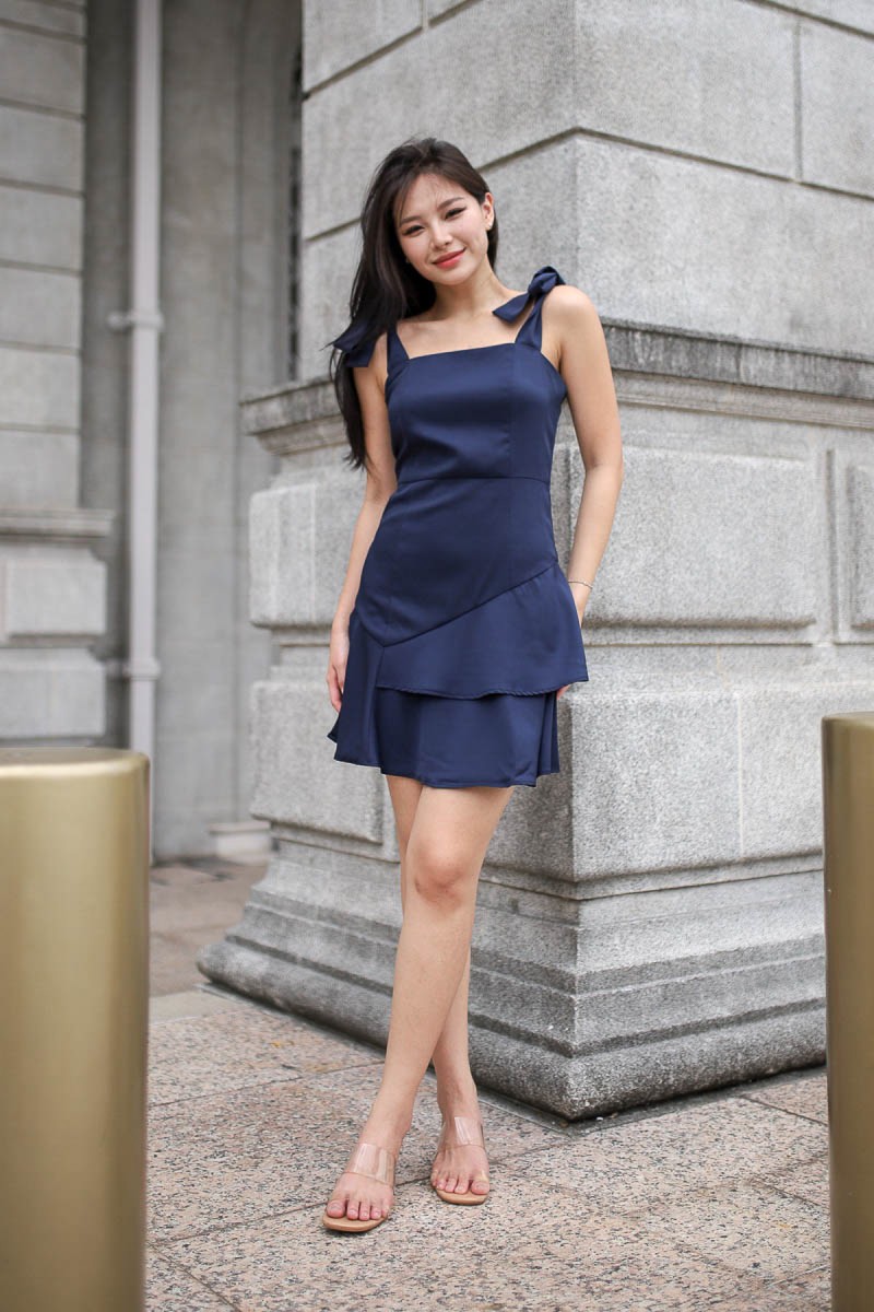 Flirtatious Looks Navy Blue Tie-Strap Mini Dress With Pockets