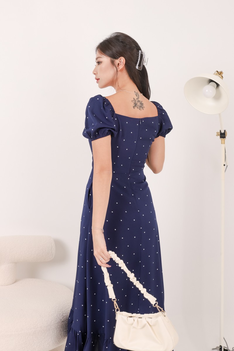 Delle Dot Sleeved Maxi in Navy